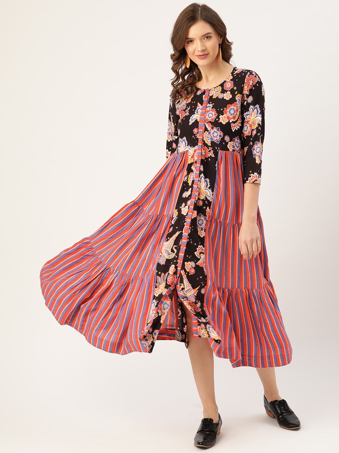 

Sangria Black & Red Floral A-Line Midi Dress