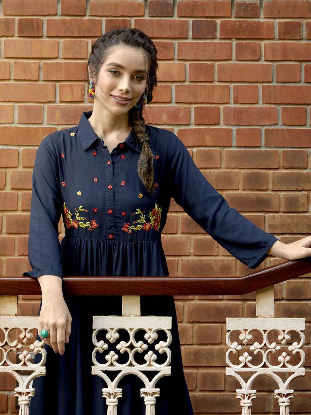 

Sangria Women Navy Blue Ethnic Motifs Yoke Design Shirt Dress