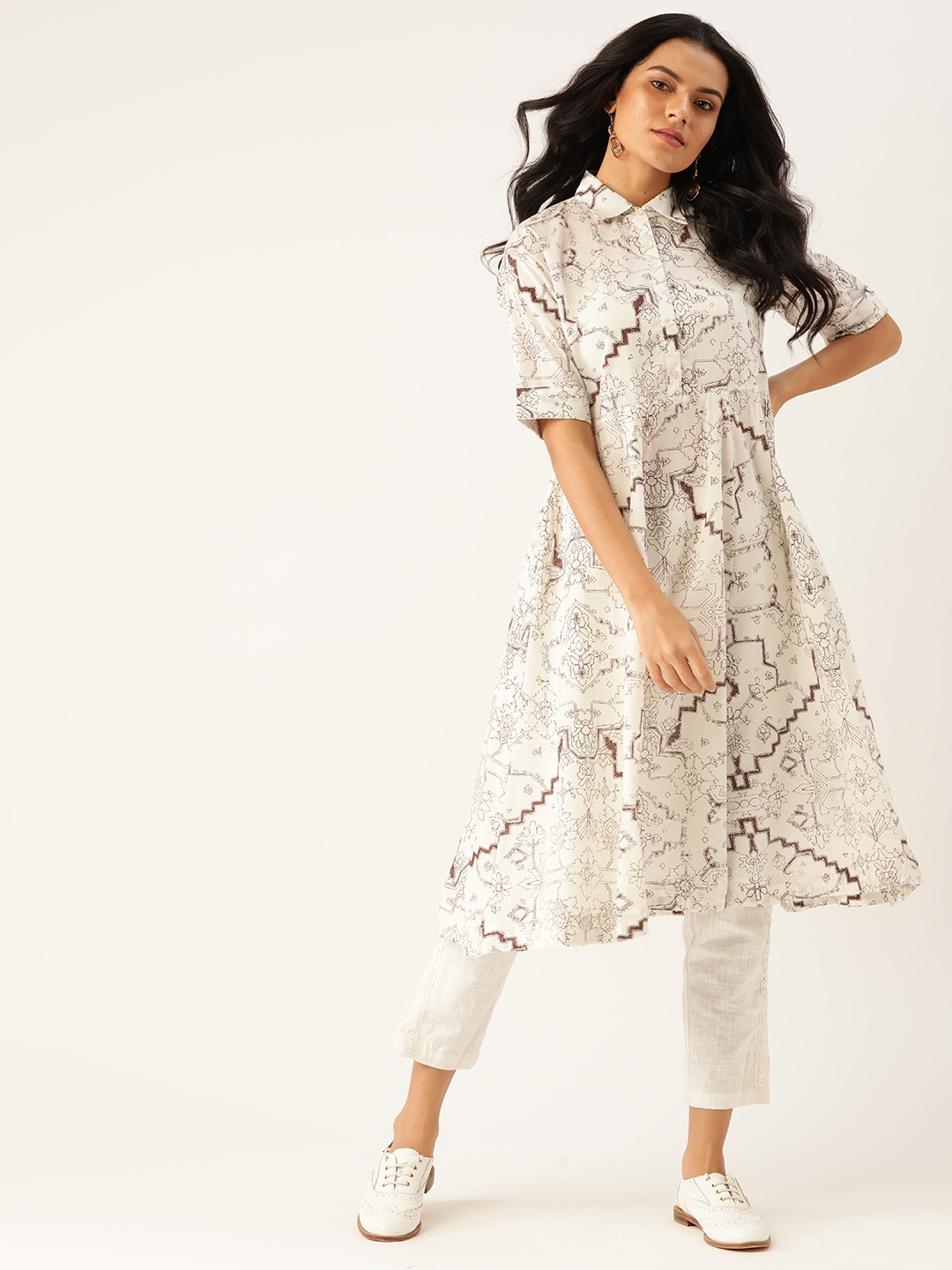 

Sangria Women White & Brown Cotton Ethnic Motifs Printed A-line Kurta