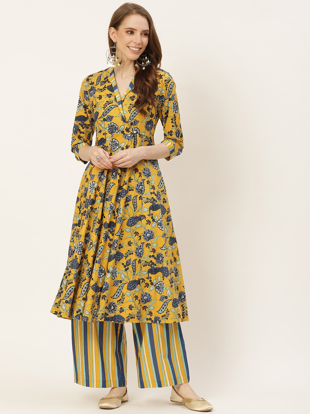 

Sangria Women Mustard Yellow & Blue Floral Print Pure Cotton Kurta with Palazzos