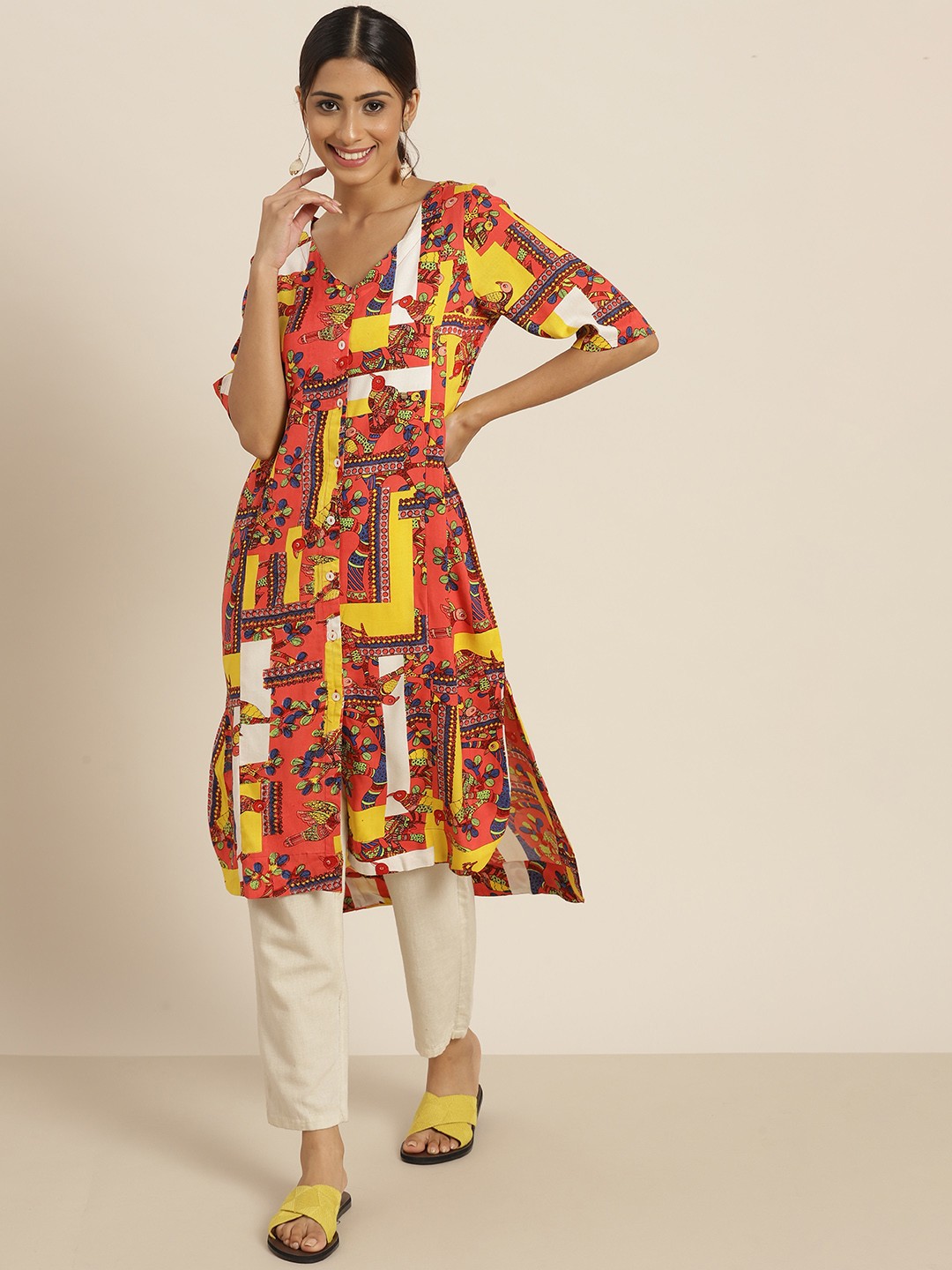

Sangria Women Orange & Navy Blue Quirky Print High-Low Straight Kurta