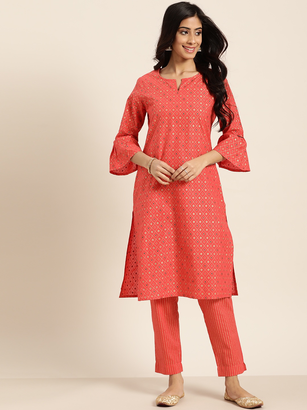 

Sangria Women Coral Pink & Golden Printed Kurta with Trousers