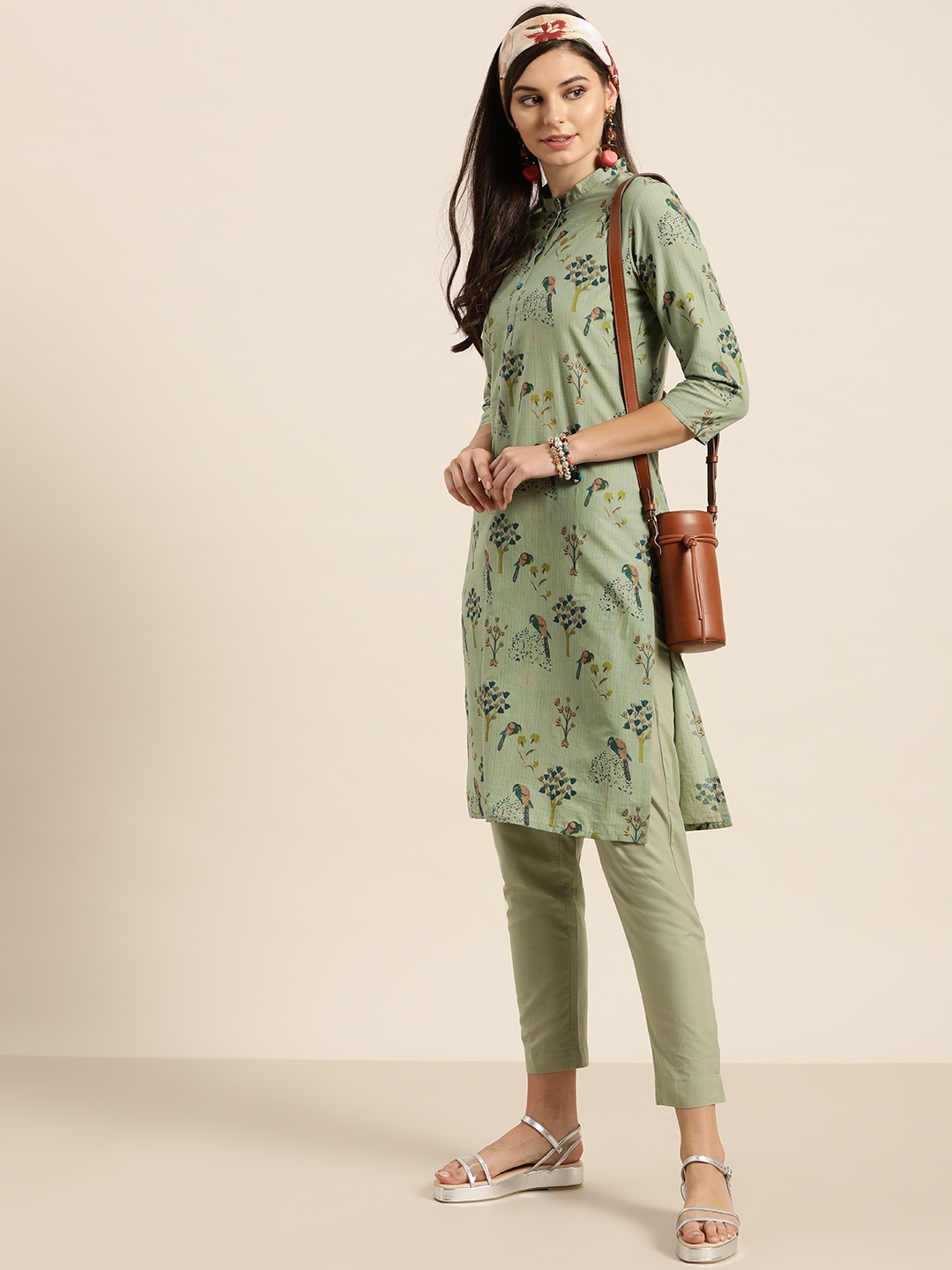 

Sangria Women Green & Teal Blue Pure Cotton Printed Kurta with Trousers