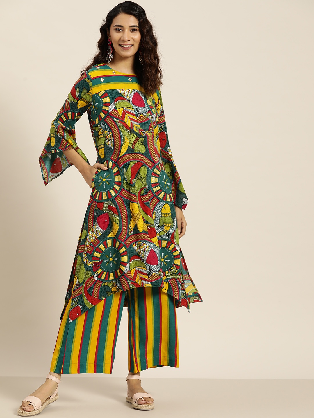 

Sangria Women Olive Green & Red Quirky Print Mirror Work High-Low Straight Kurta & Palazzo