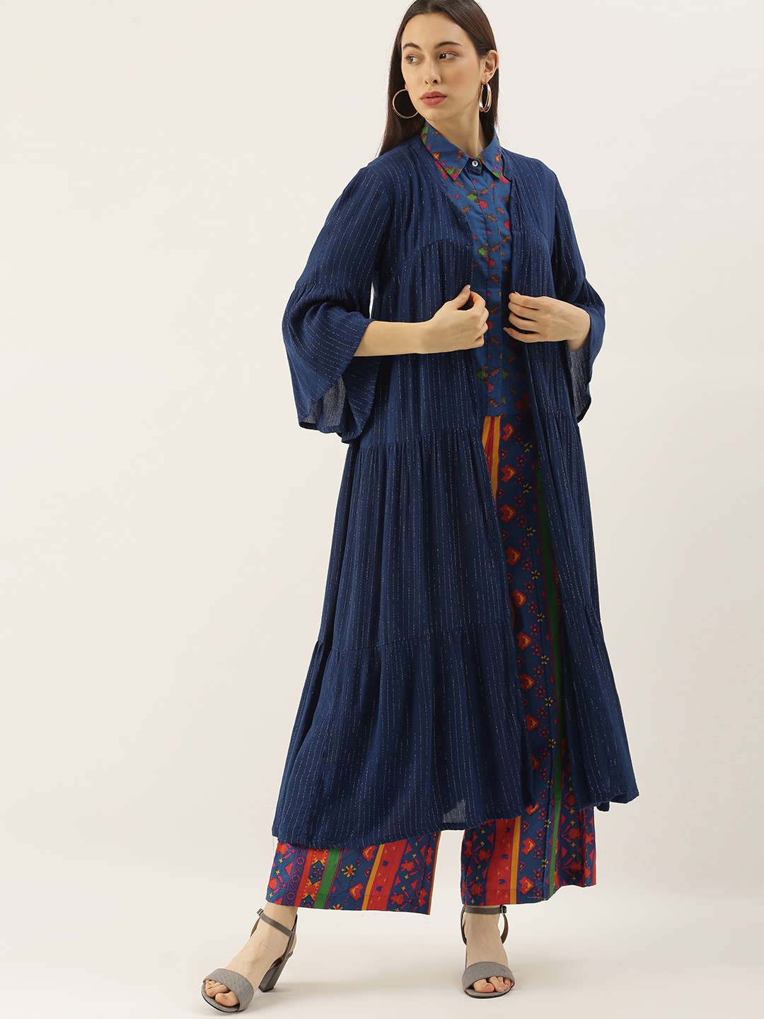 

Sangria Women Blue & Red Geometric Printed Pure Cotton Shirt with Palazzos