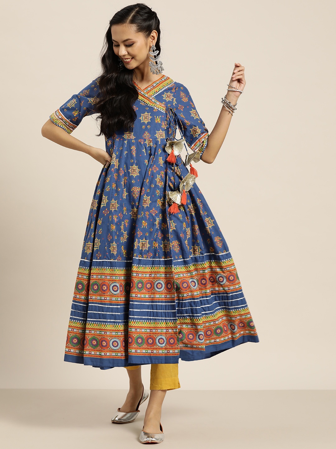 

Sangria Blue & Orange Ethnic Motifs Angrakha Wrap Dress