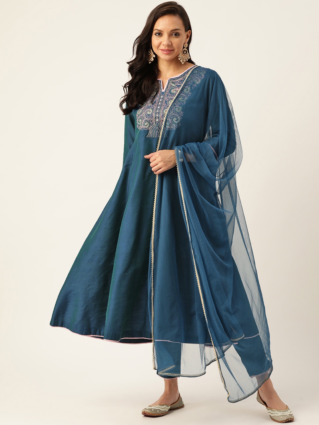 

Sangria Women Teal Blue Embroidered Yoke Design Panelled Kurta with Trousers & Dupatta