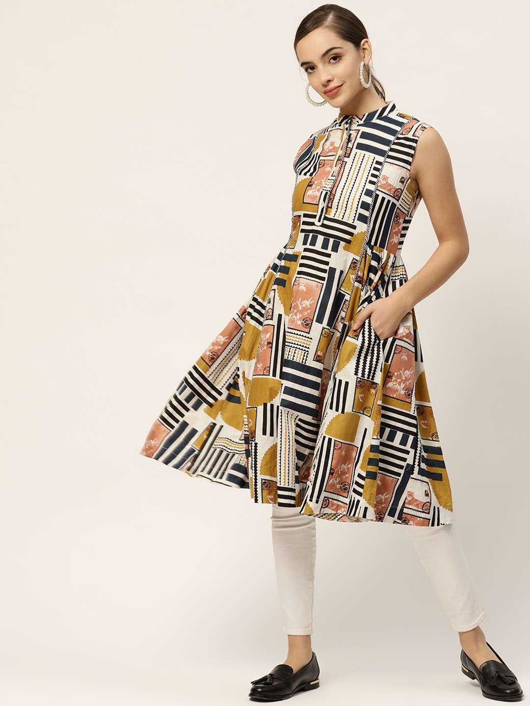 

Sangria Off White & Yellow Mandarin Collar Printed Pure Cotton Tunic