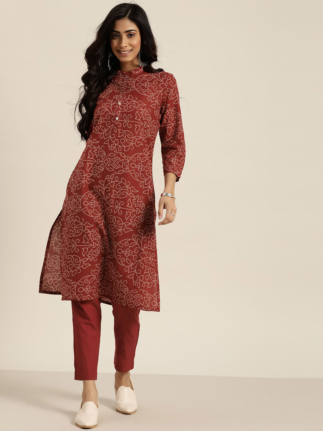 

Sangria Women Maroon & White Printed Pure Cotton Kurta with Trousers