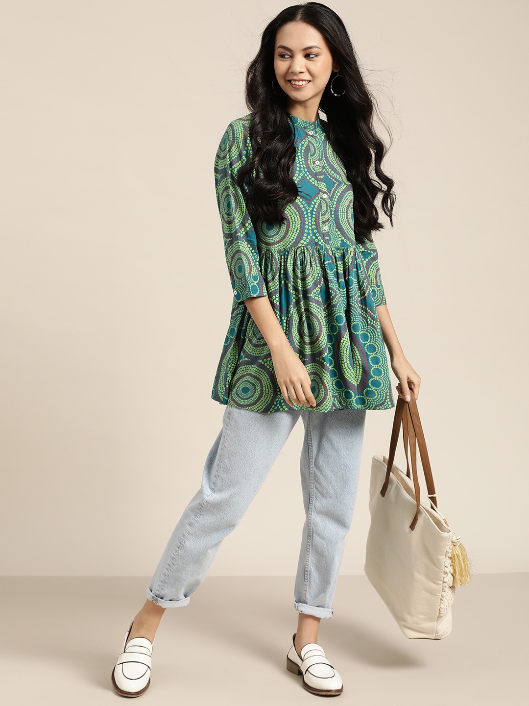 

Sangria Teal & Yellow Mandarin Collar Pure Cotton A-Line Longline Top