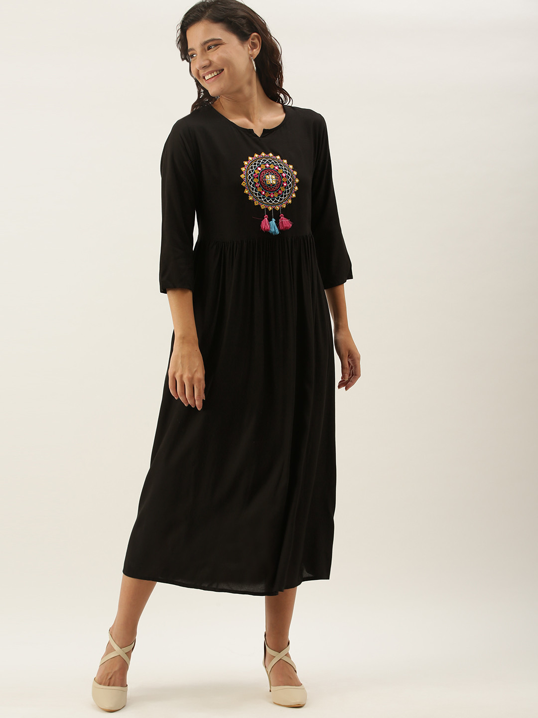 

Sangria Women Black Embroidered A-Line Dress with Gathers