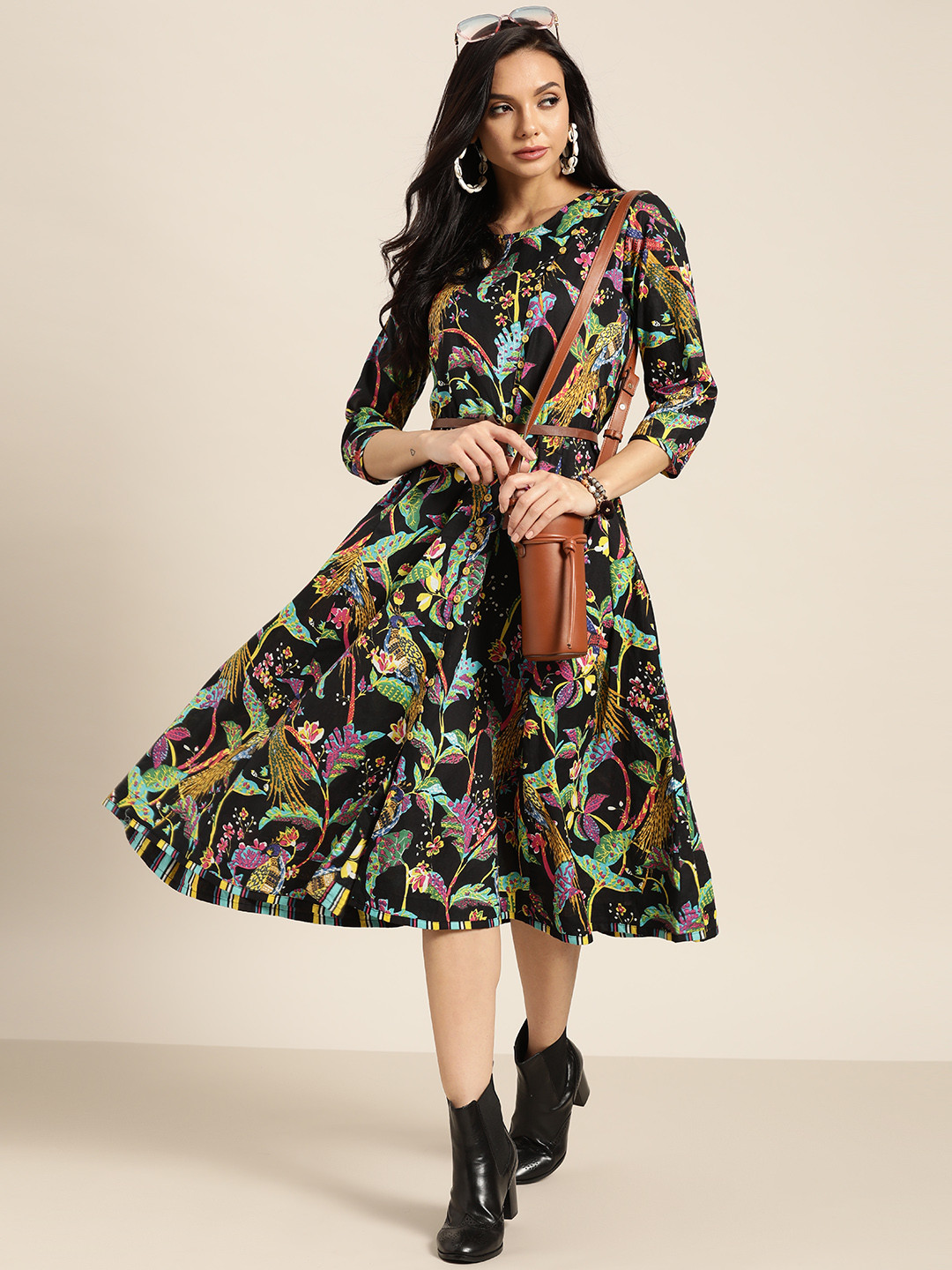 

Sangria Black & Green Ethnic Motifs Print Pure Cotton A-Line Midi Dress