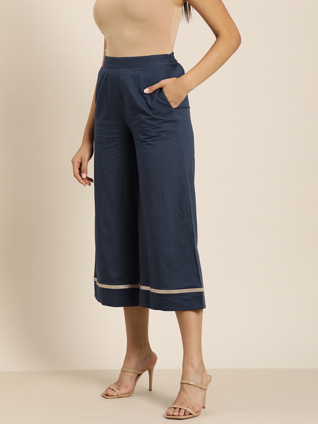 

Sangria Women Navy Blue Flared Cropped Ethnic Palazzos