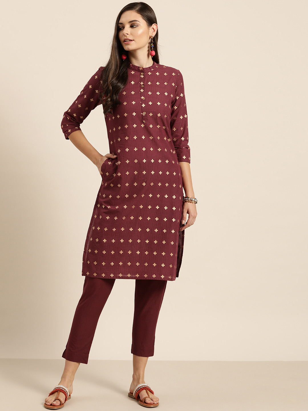 

Sangria Women Maroon & Golden Pure Cotton Printed Kurta with Trousers