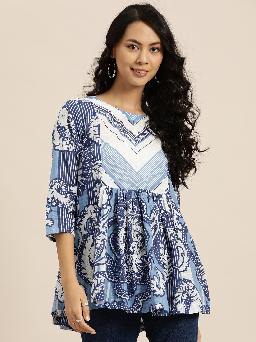 

Sangria White & Blue Ethnic Printed A-Line Top