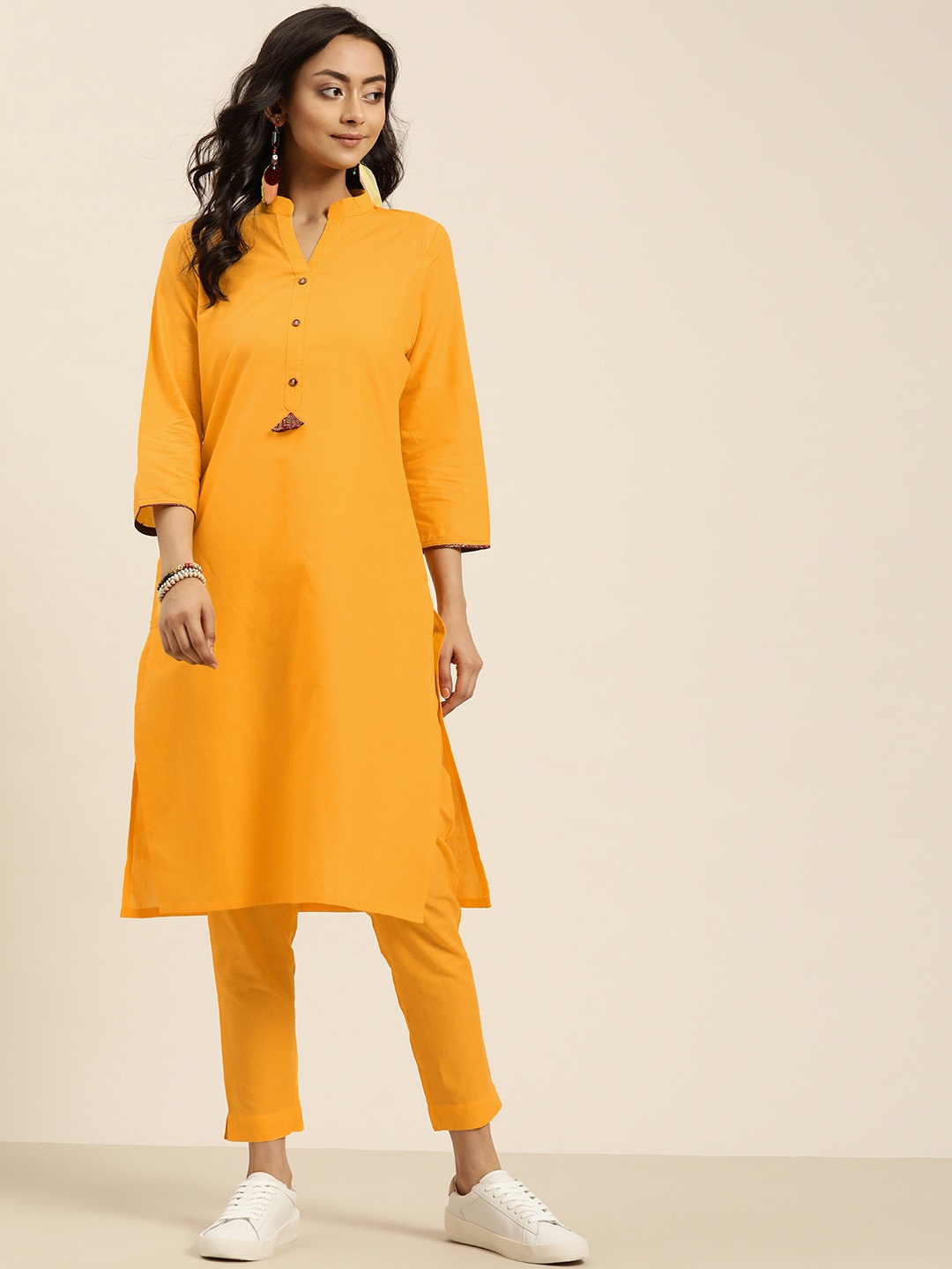 

Sangria Women Mustard Yellow Pure Cotton Solid Kurta with Trousers