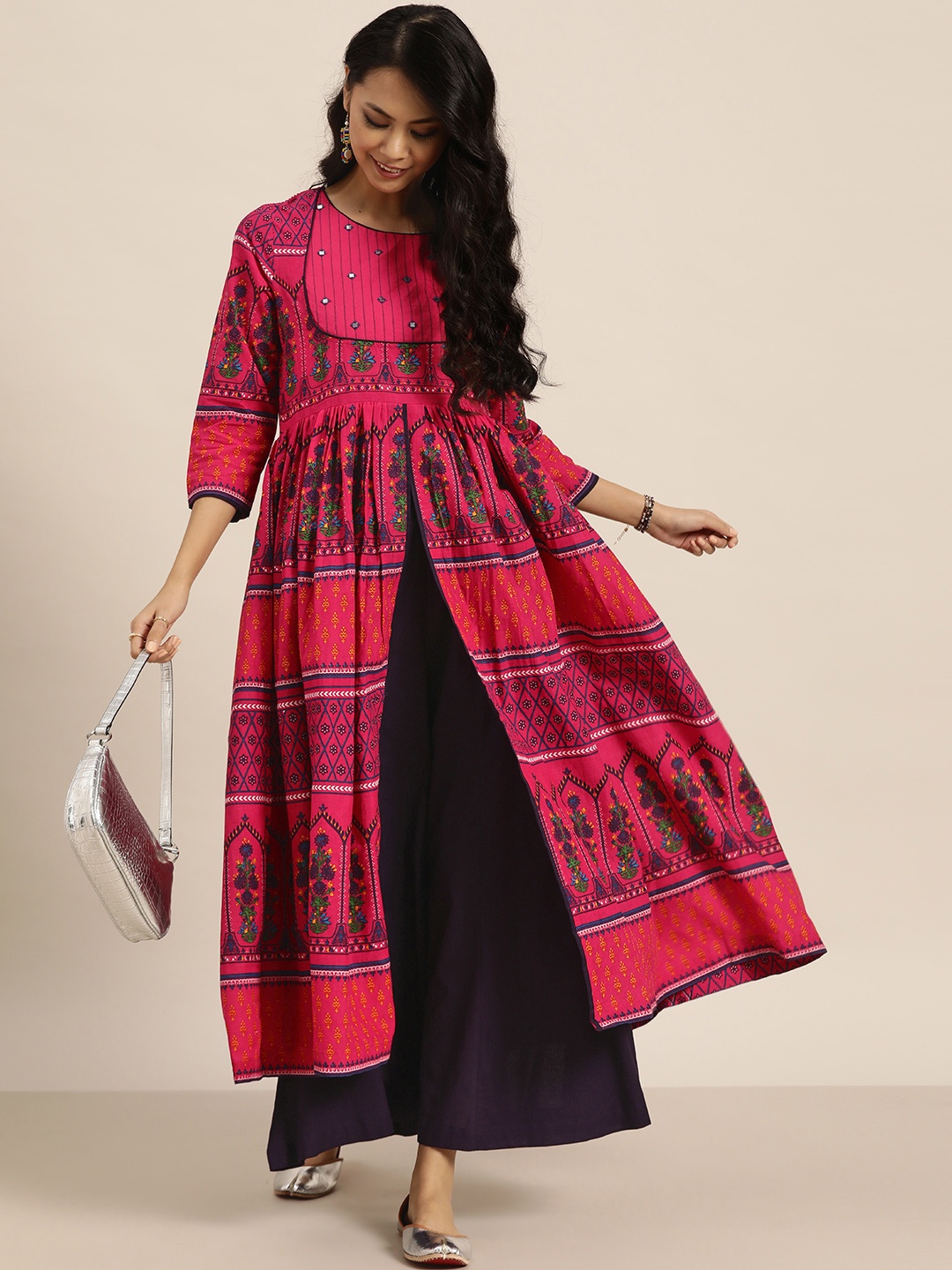 

Sangria Women Pink & Navy Blue Printed Pleated Mirror Work Pure Cotton Kurta with Palazzos