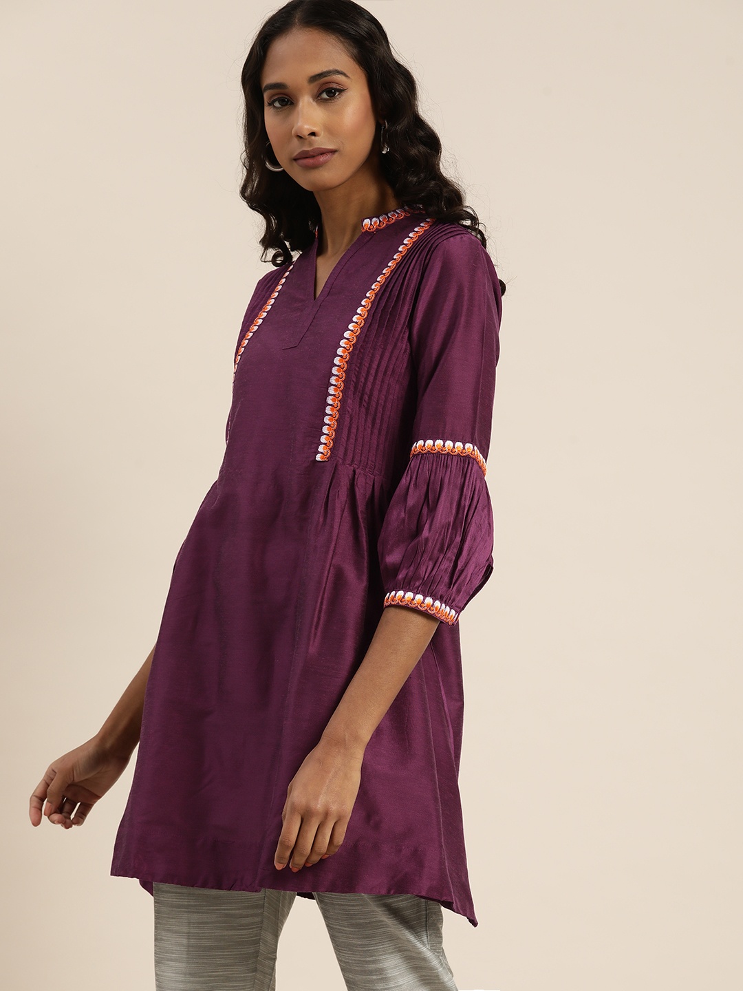 

Sangria Women Purple Mandarin Collar Tunic