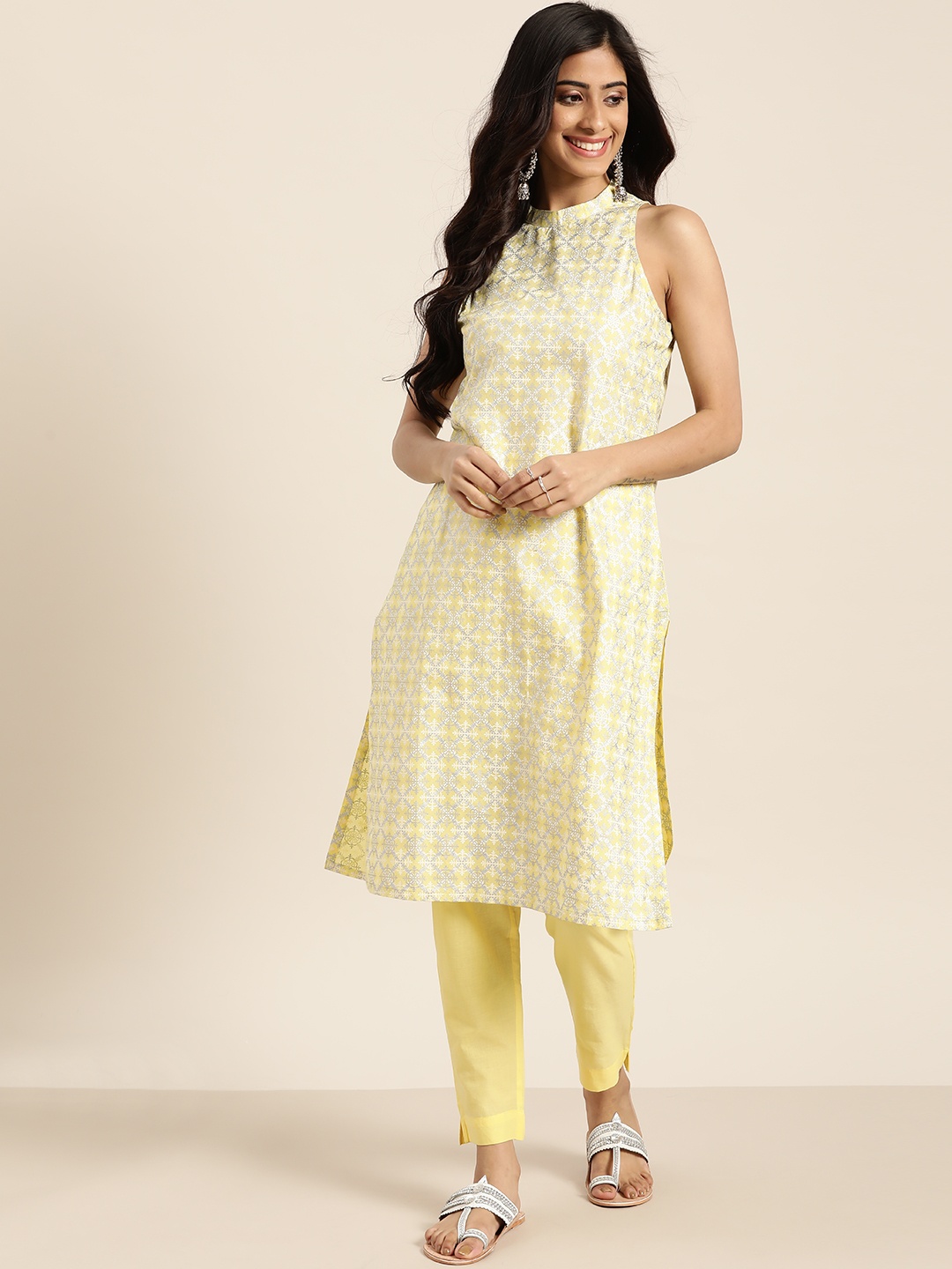 

Sangria Women White & Yellow Pure Cotton Printed Kurta with Trousers