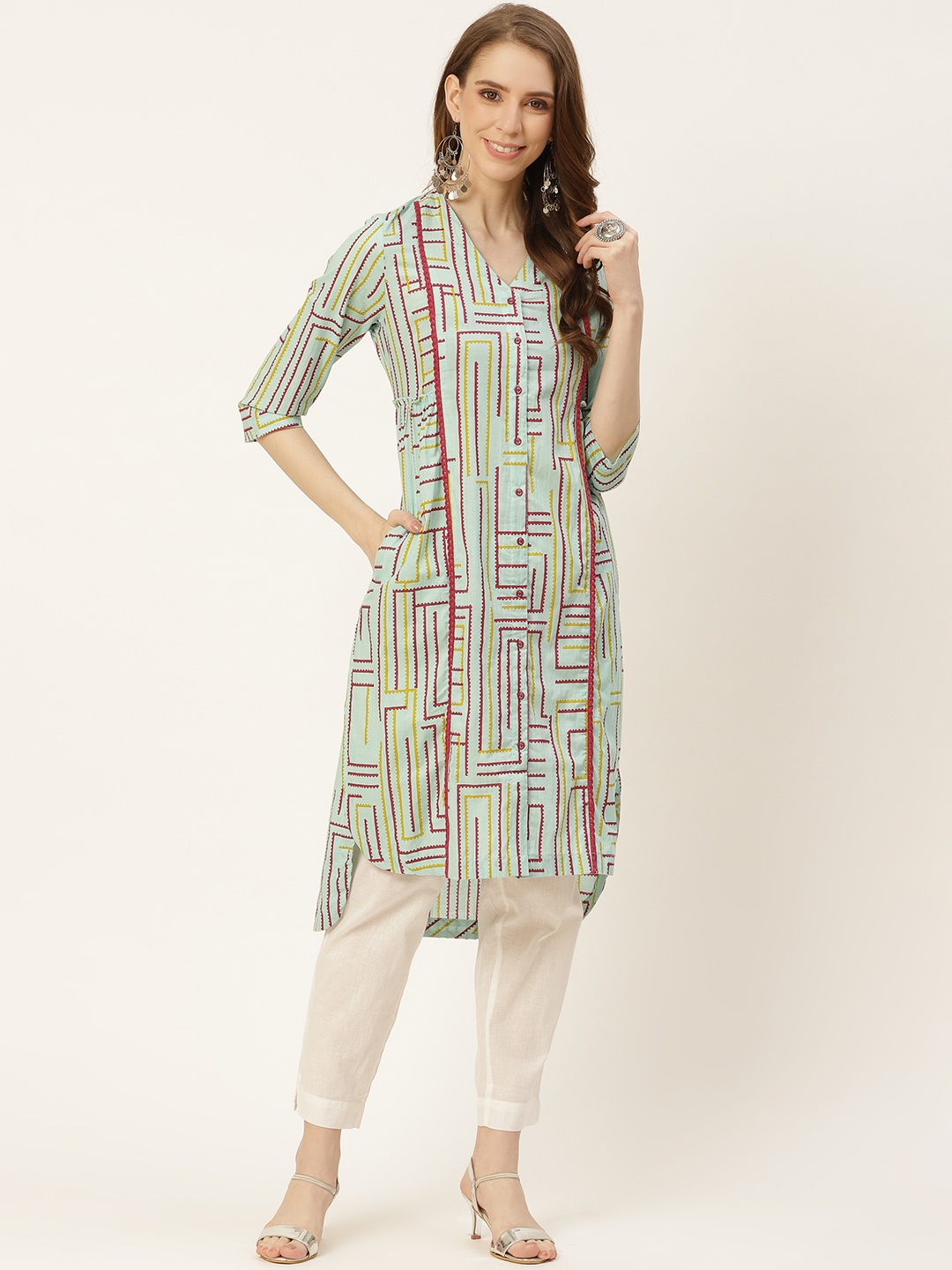 

Sangria Women Blue & Maroon Geometric Printed Pure Cotton Kurta