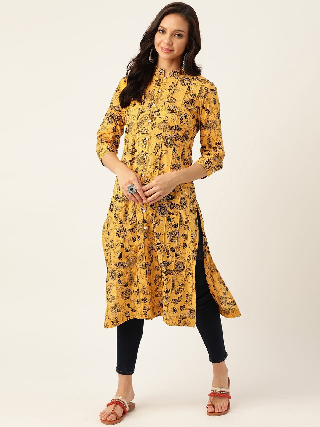 

Sangria Women Mustard Yellow & Black Ethnic Motifs Printed Pure Cotton Kurta