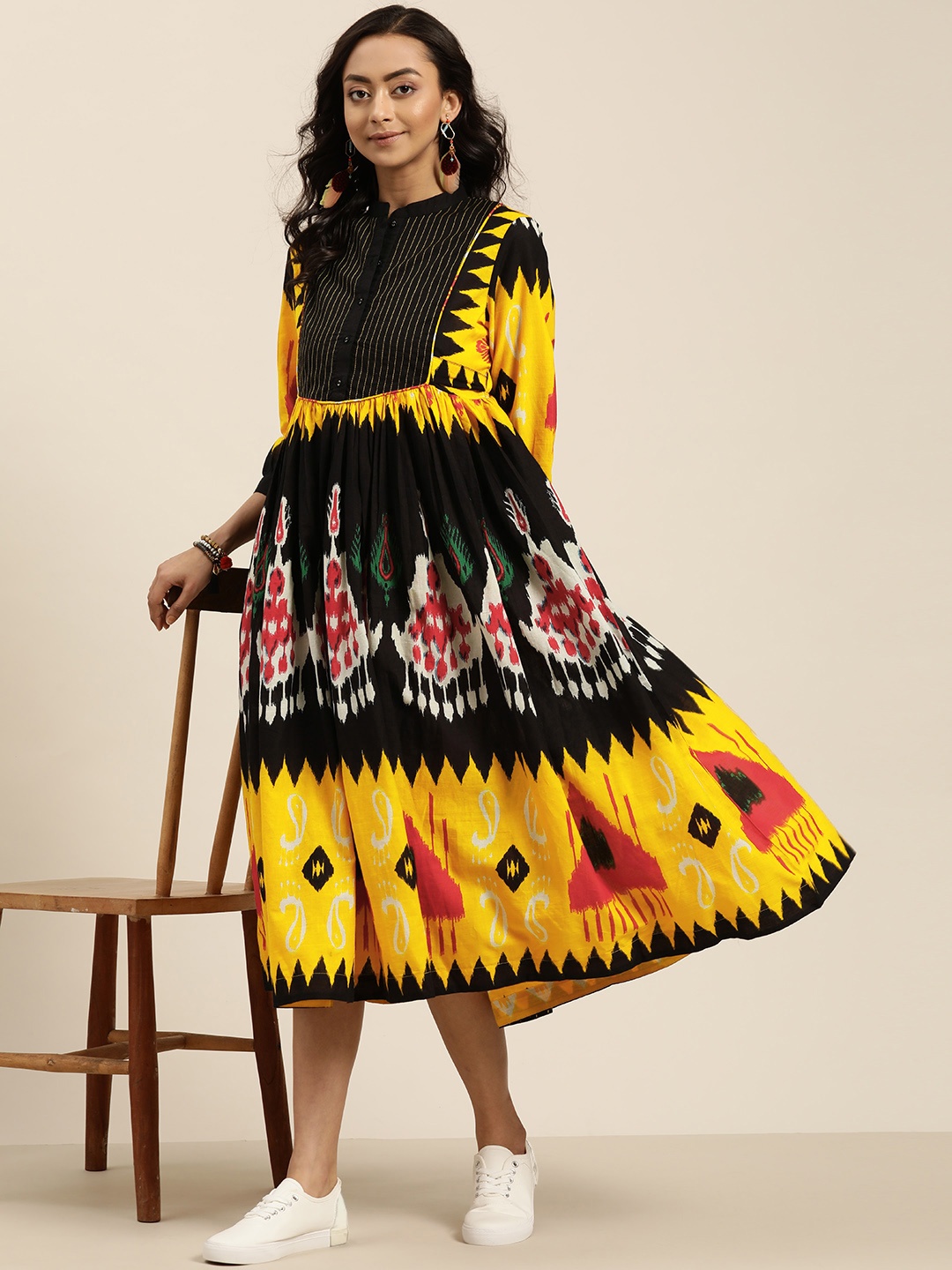 

Sangria Black& Mustard Yellow Pure Cotton Ethnic Motifs Printed A-Line Dress