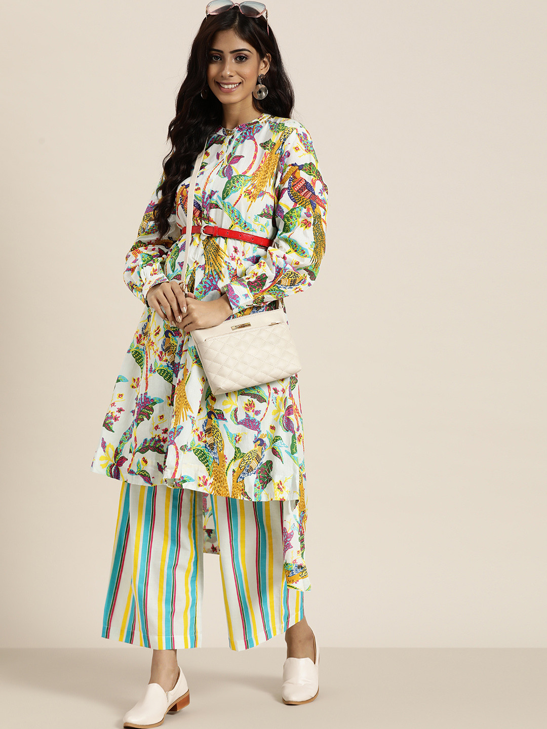 

Sangria Women White Ethnic Motifs Print Panelled Pure Cotton A-line Kurta with Palazzos