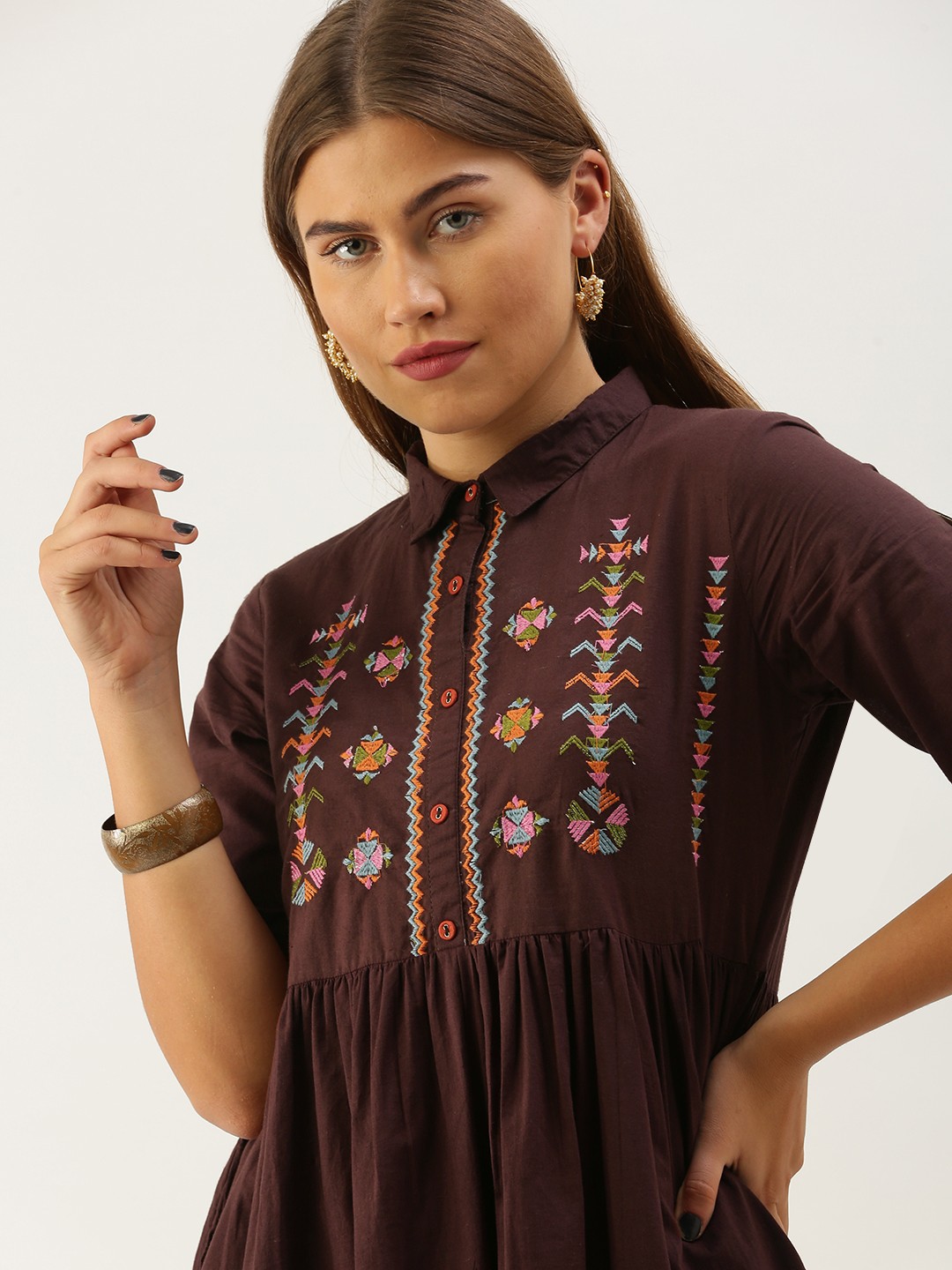 

Sangria Brown Ethnic Motifs Embroidered A-Line Midi Dress