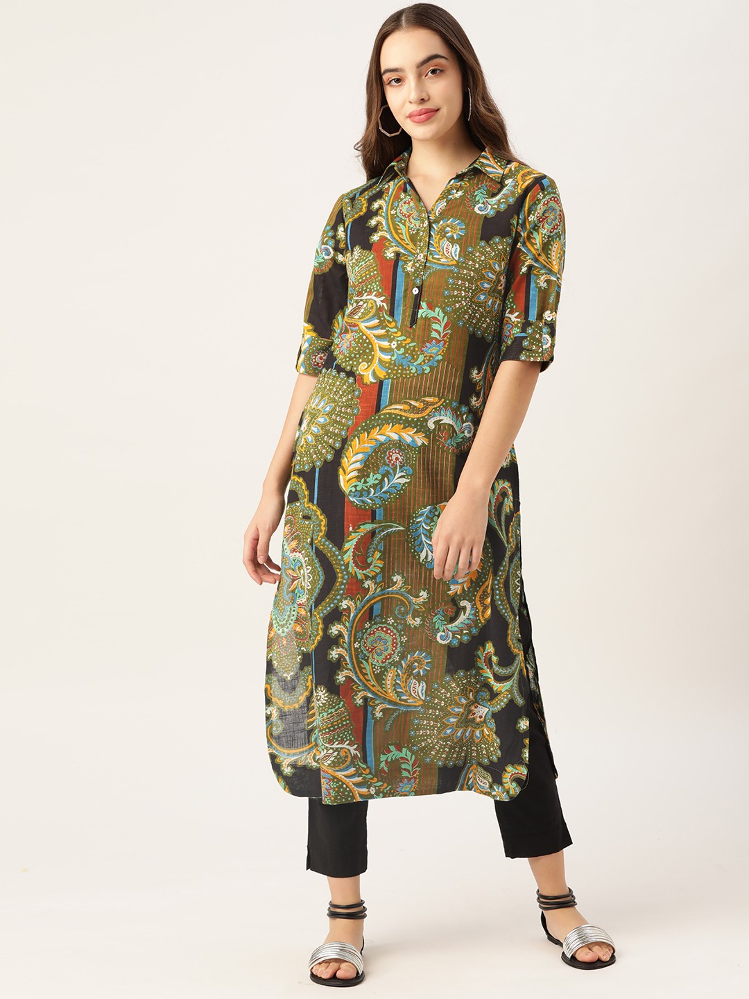 

Sangria Women Olive Green & Black Pure Cotton Ethnic Motifs Print Straight Kurta