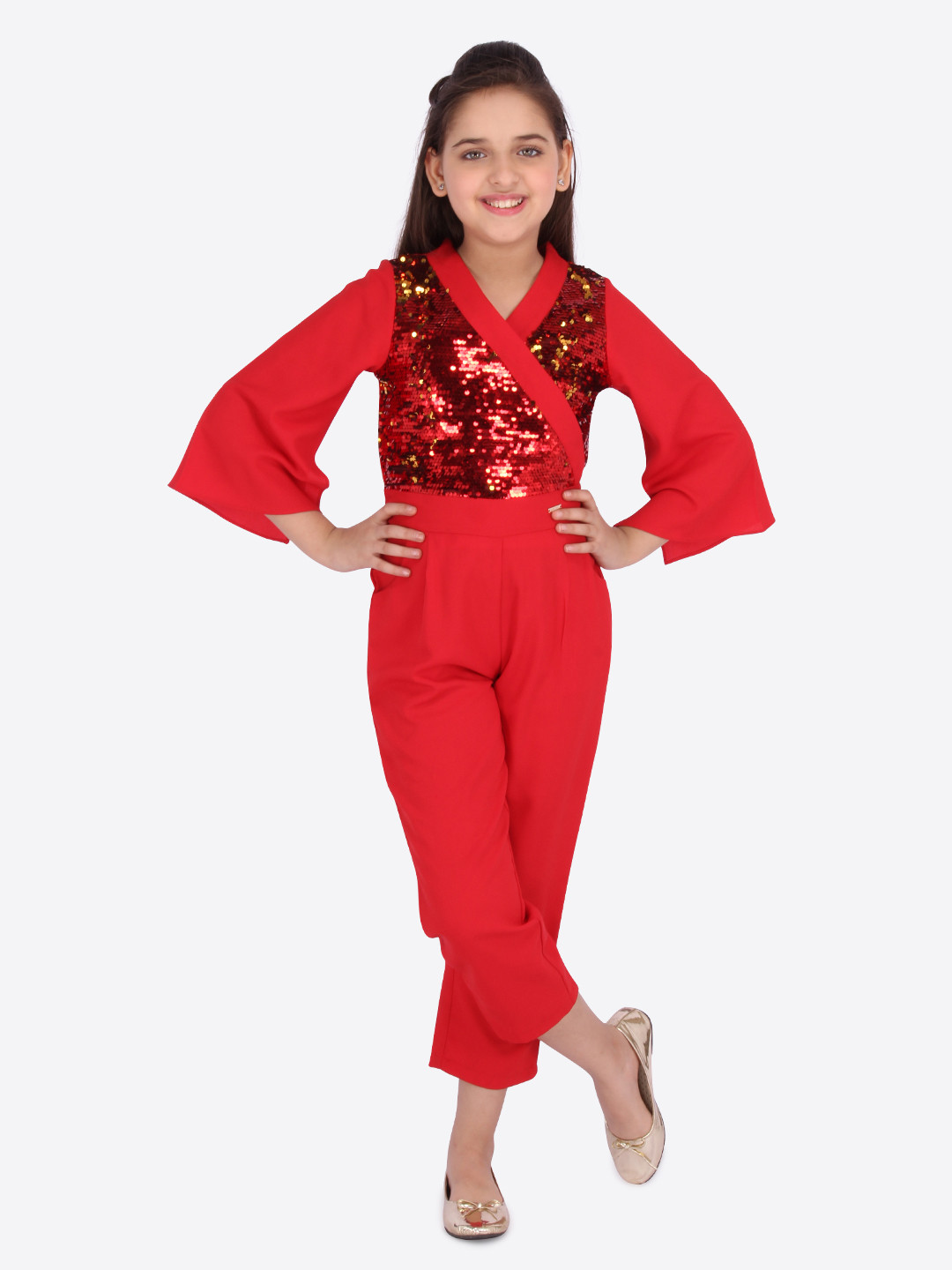 

CUTECUMBER Girls Red Self Design Basic Jumpsuit