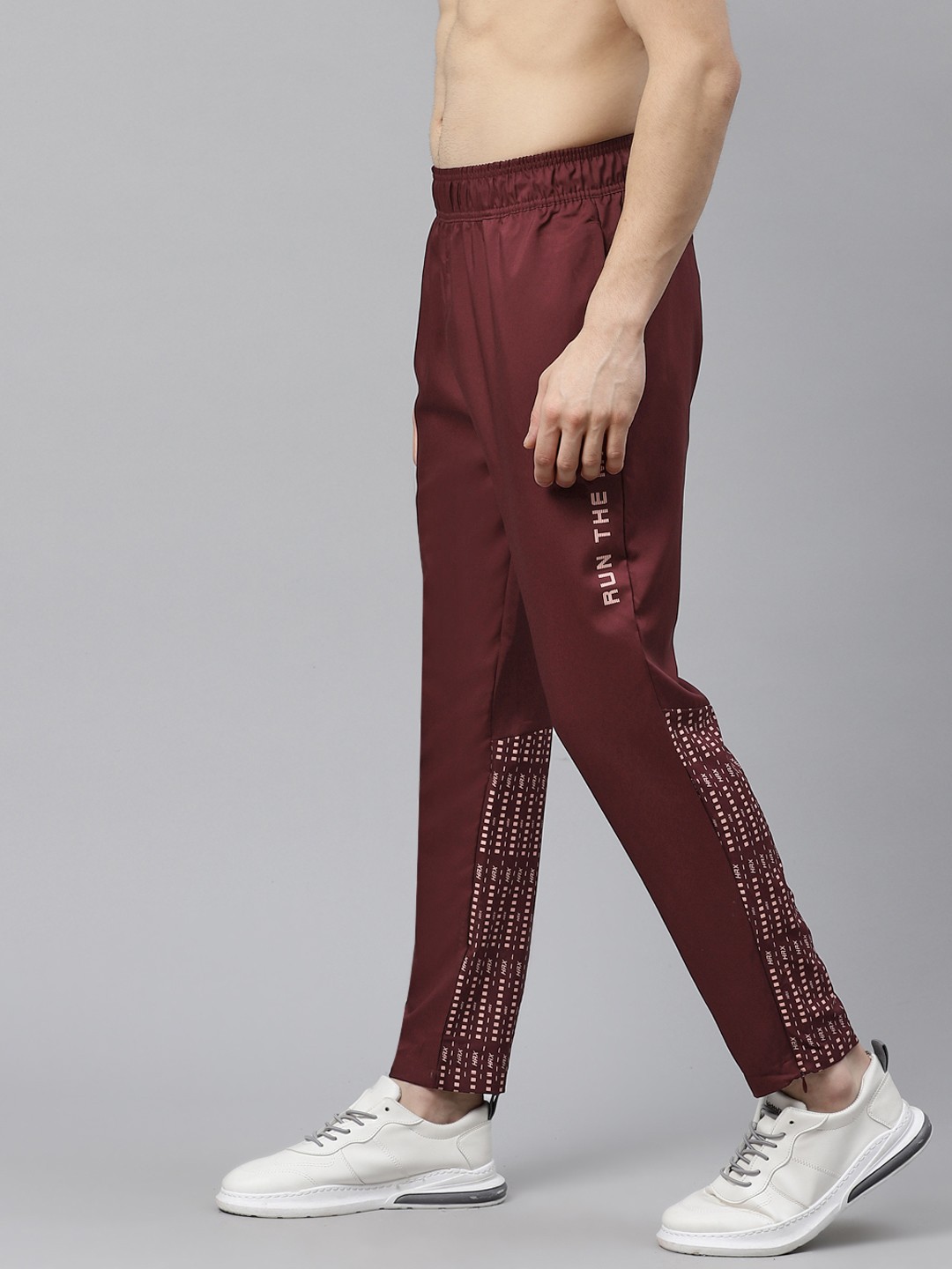 

HRX By Hrithik Roshan Men Burgundy Typographic Slim Fit Rapid-Dry Running Track Pants