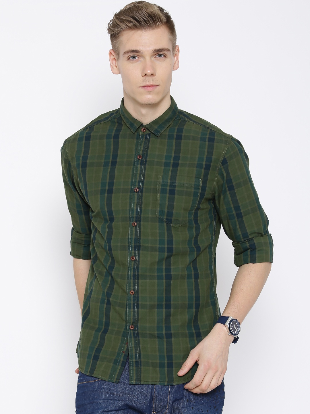 

Locomotive Olive Green Checked Casual Shirt