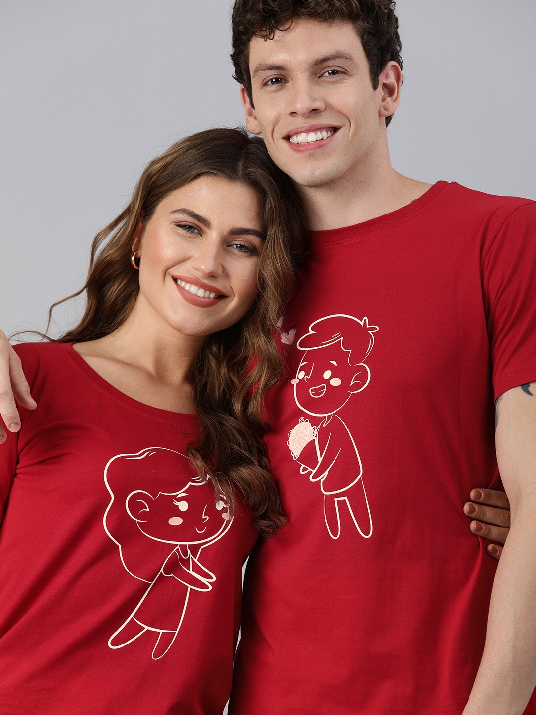 

BRATMA Men Red & Peach-Coloured Love Cartoon Graphic Print Cotton Round Neck T-shirt