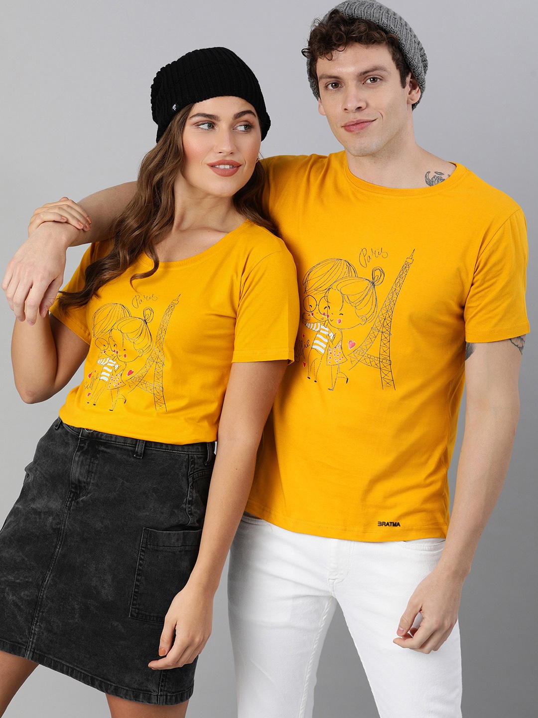 

BRATMA Men Mustard Yellow Grey Printed Round Neck Pure Cotton T-shirt