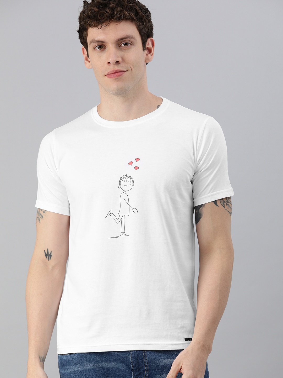 

BRATMA Men White Printed Round Neck Pure Cotton T-shirt