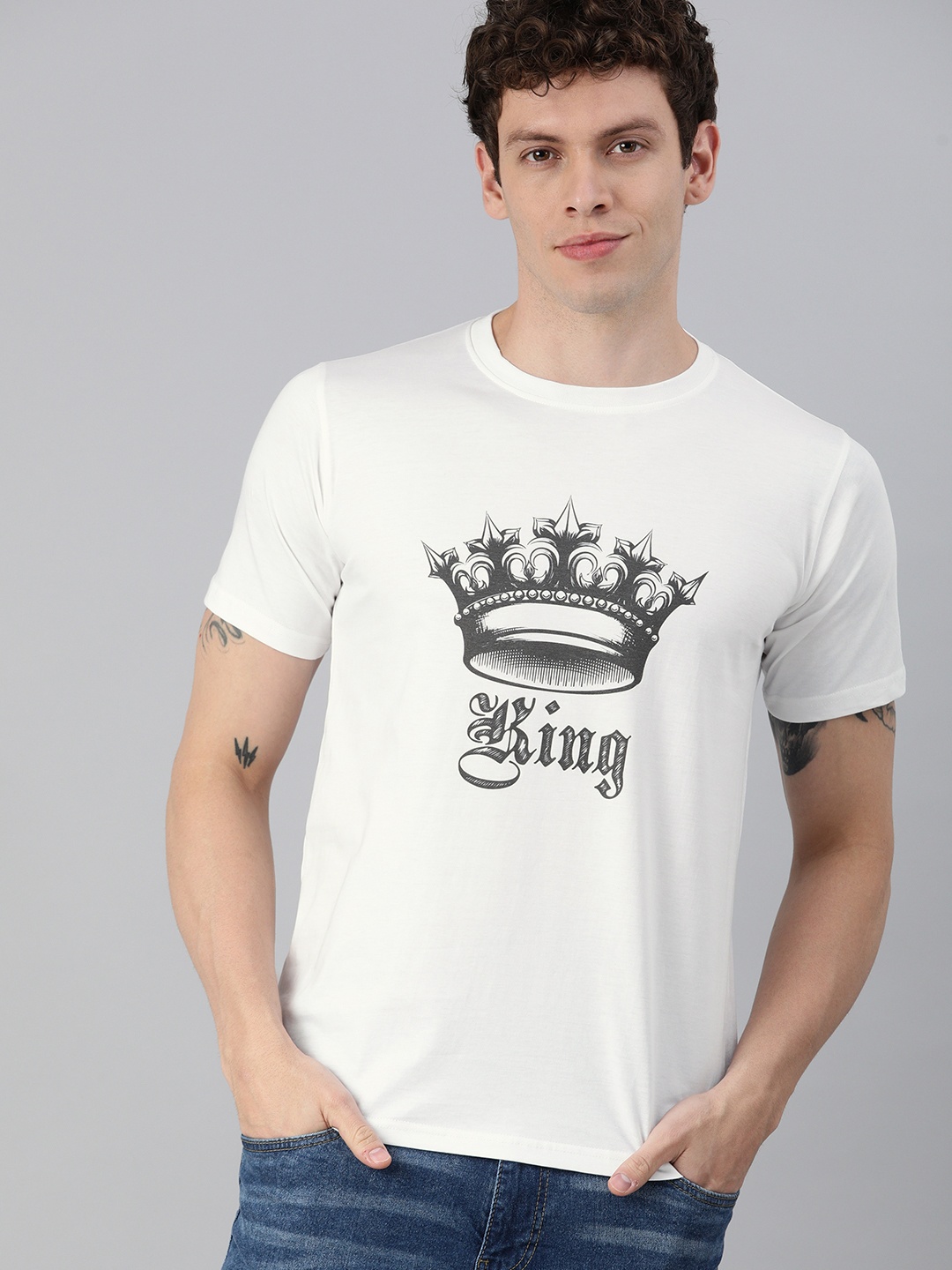 

BRATMA Men White Printed Round Neck Pure Cotton T-shirt