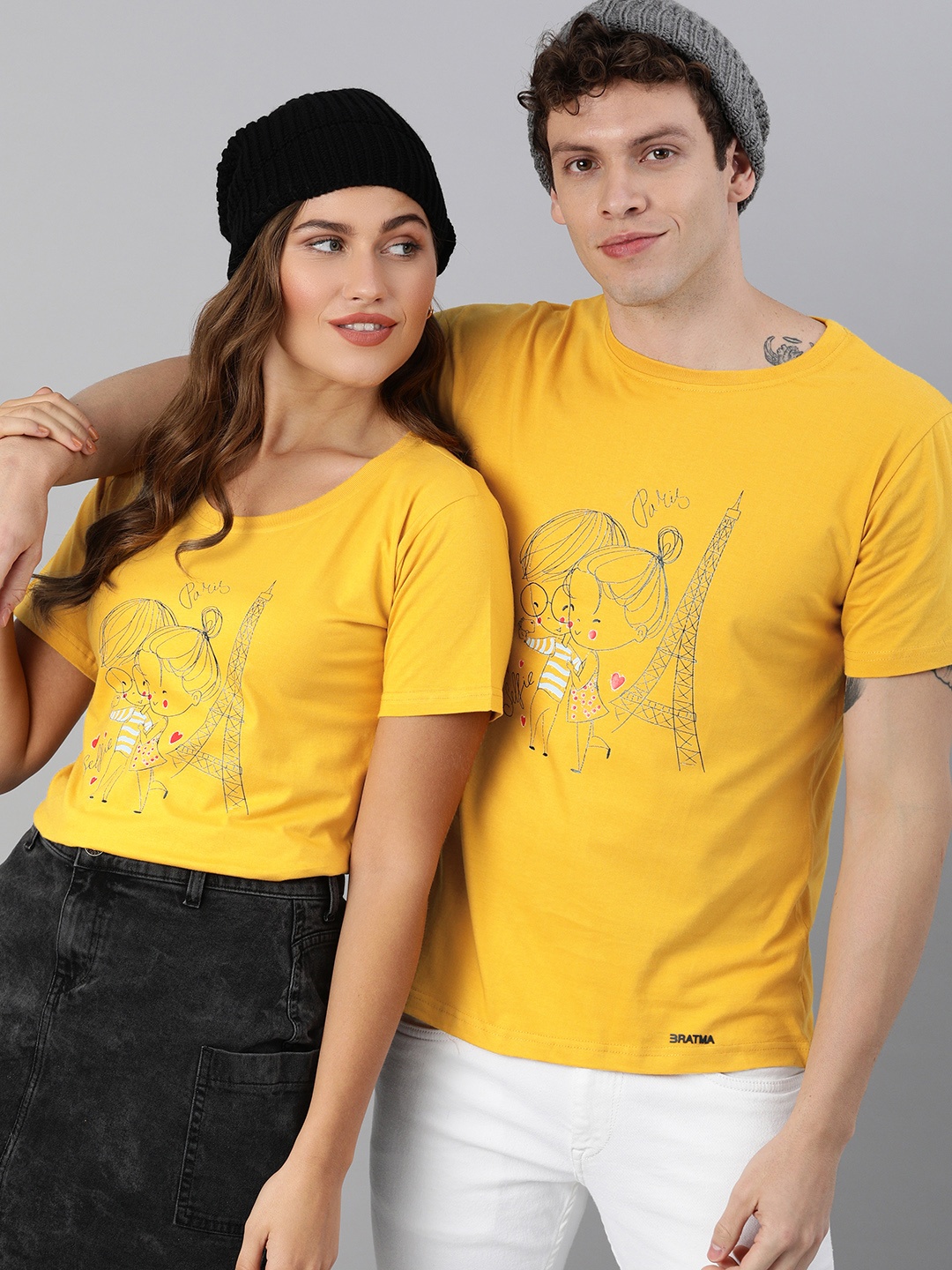 

BRATMA Women Mustard Yellow Printed Round Neck Pure Cotton T-shirt
