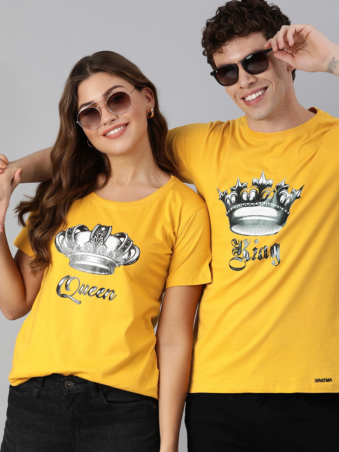 

BRATMA Women Mustard Yellow Printed Round Neck Pure Cotton T-shirt