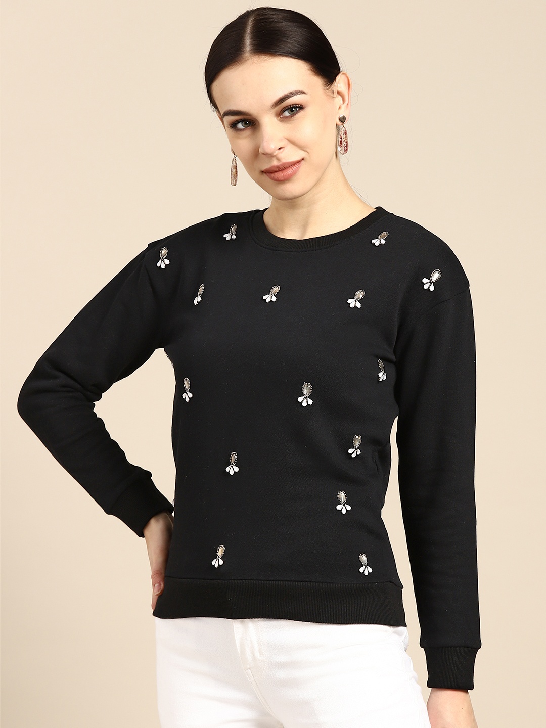 

COVER STORY Women Black Pure Cotton Embellished Sweatshirt