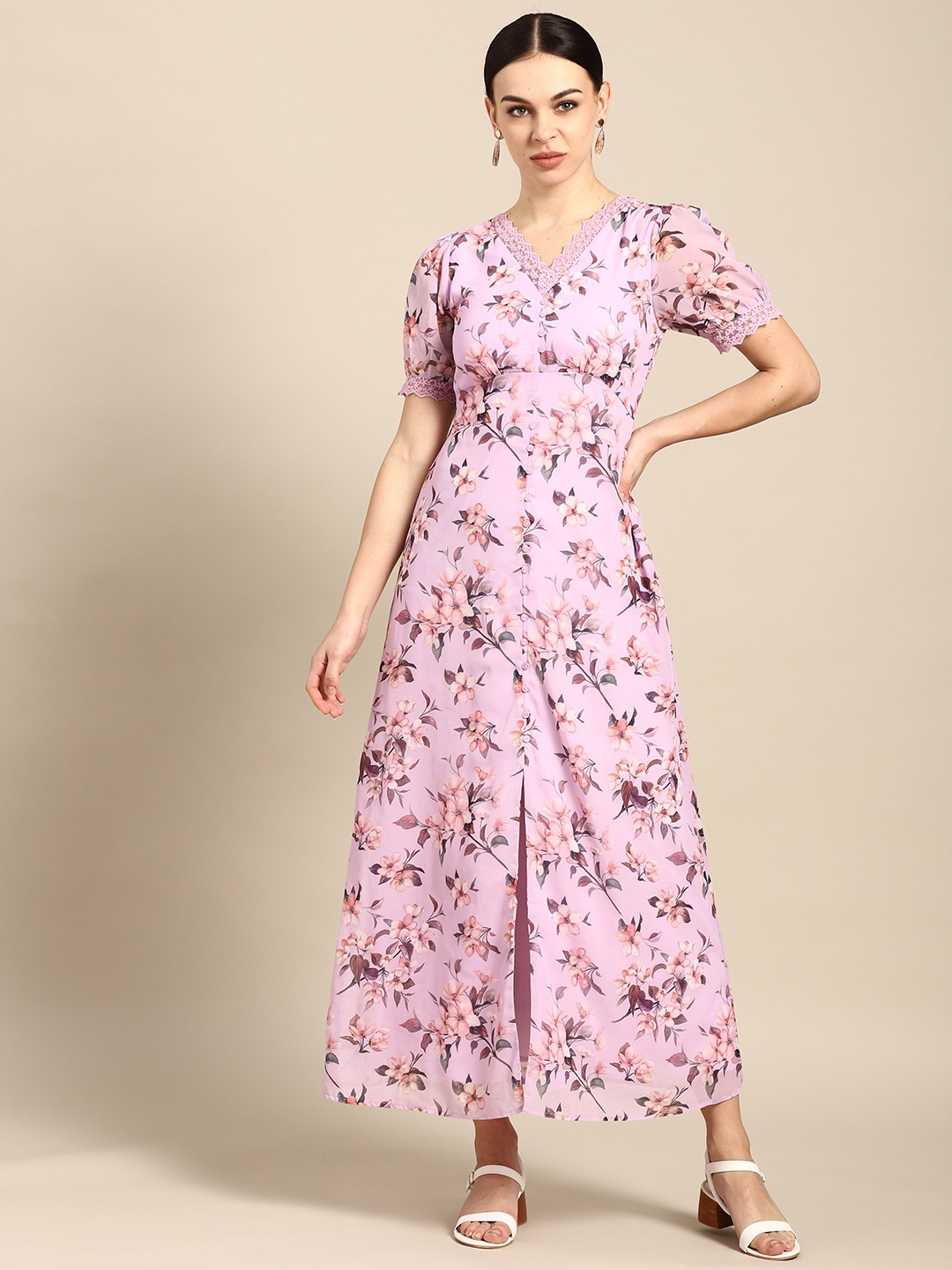 

COVER STORY Women Lavender & Brown Floral Print Front Slit Maxi Dress