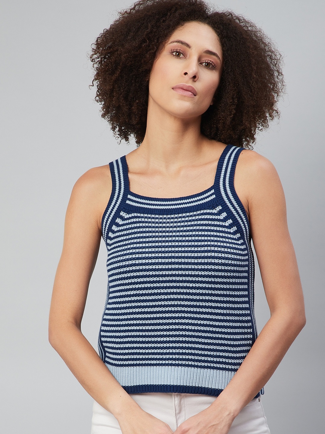 

The Roadster Lifestyle Co White & Navy Blue Crochet Knit Pure Cotton Striped Regular Top