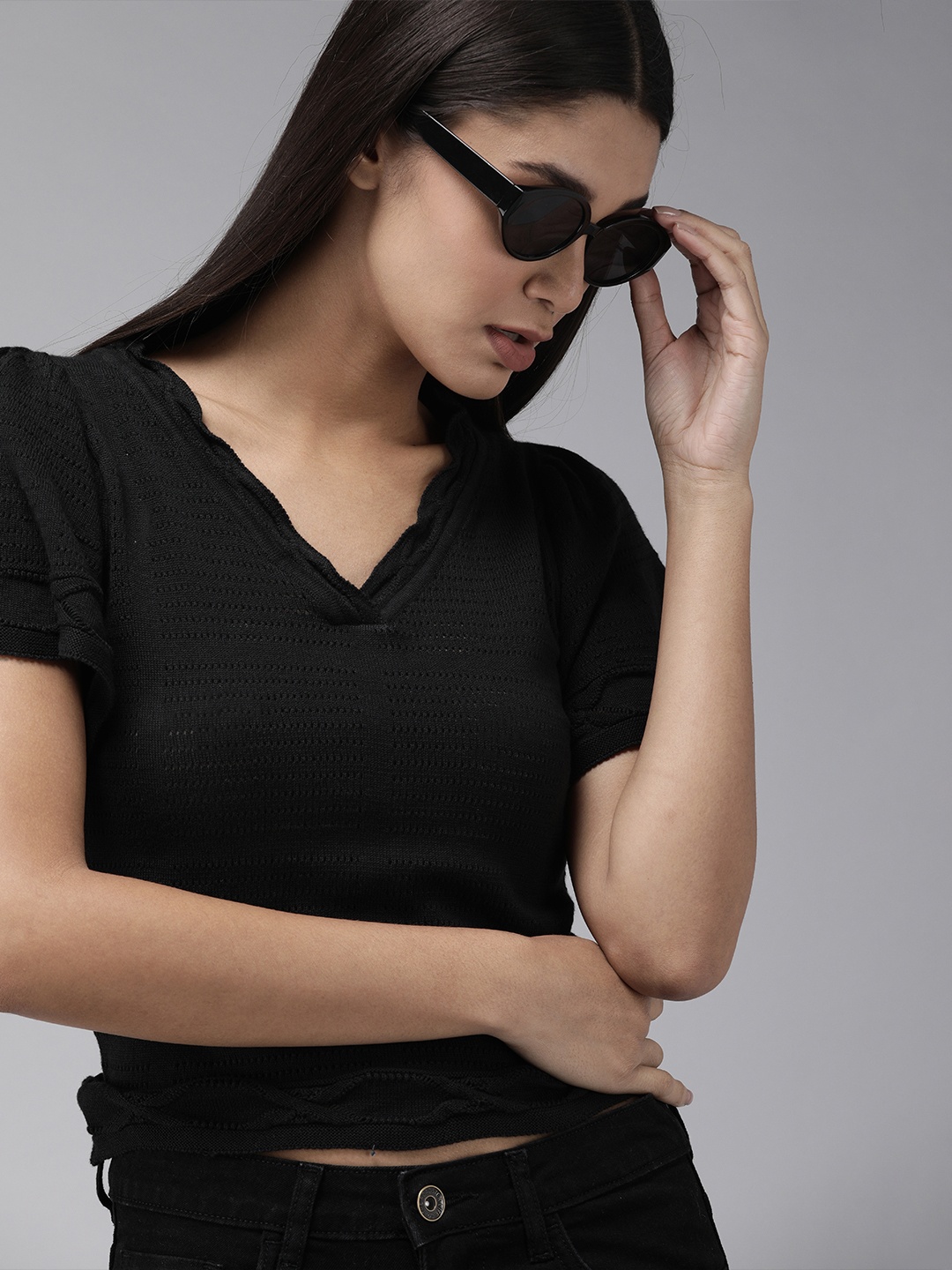 

The Roadster Lifestyle Co Black Crochet Knit Crop Top