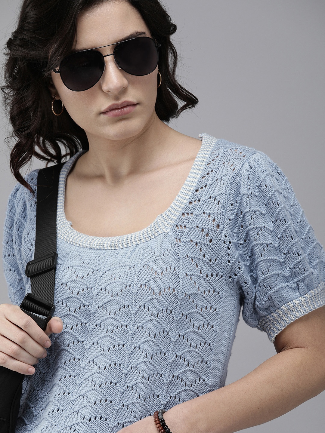 

The Roadster Lifestyle Co Women Blue Self Design Regular Top