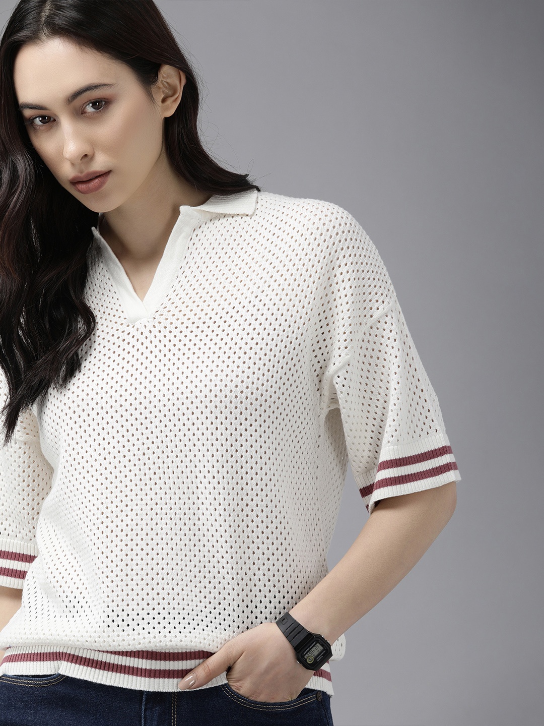 

The Roadster Lifestyle Co Off White Extended Sleeves Crochet Knit Regular Top