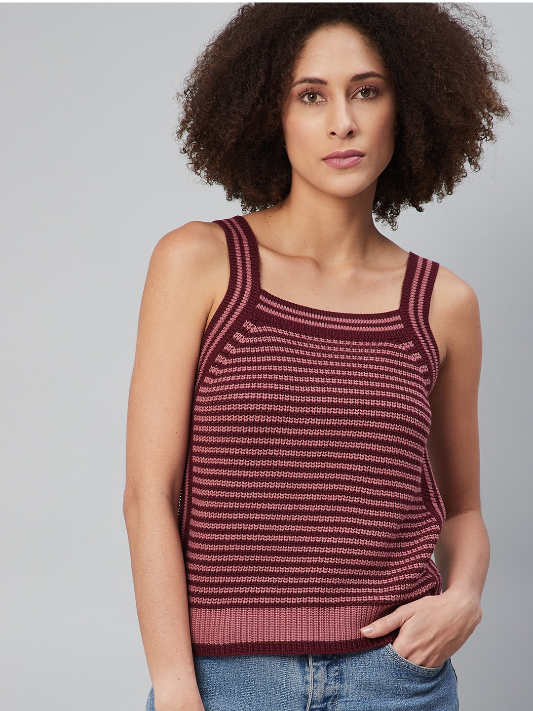 

The Roadster Lifestyle Co Pink & Maroon Striped Crochet Regular Top