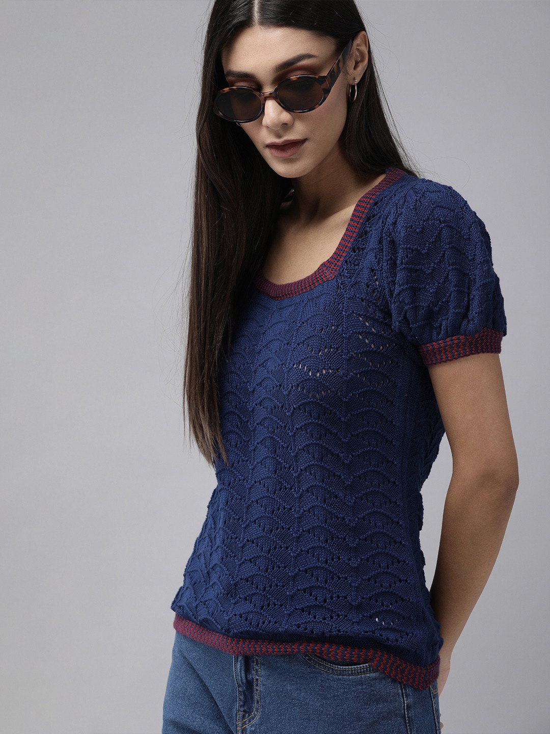 

The Roadster Lifestyle Co Navy Blue Crochet Knit Top with Wavy Stripe