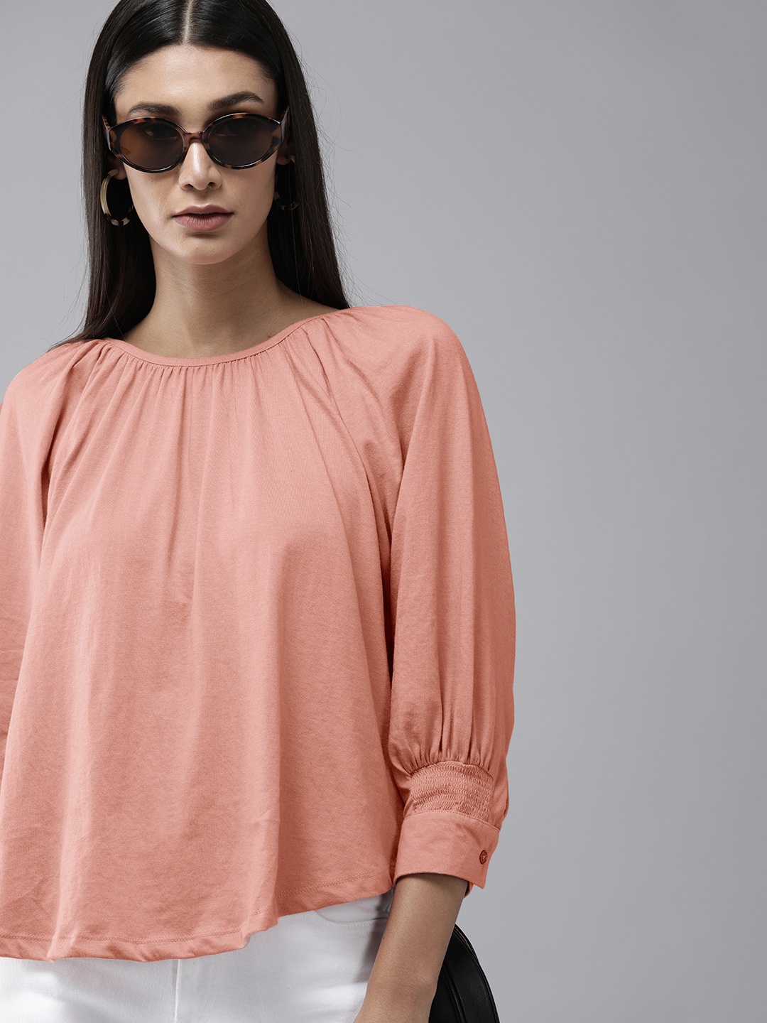

The Roadster Lifestyle Co Peach-Coloured Puff Sleeve A-Line Top