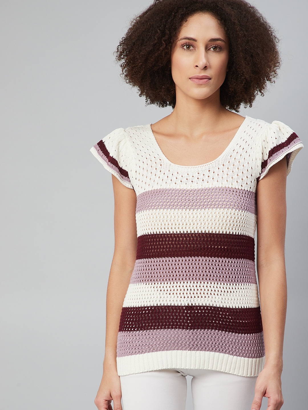 

The Roadster Lifestyle Co Off White & Burgundy Crochet Knit Striped Pure Cotton Top