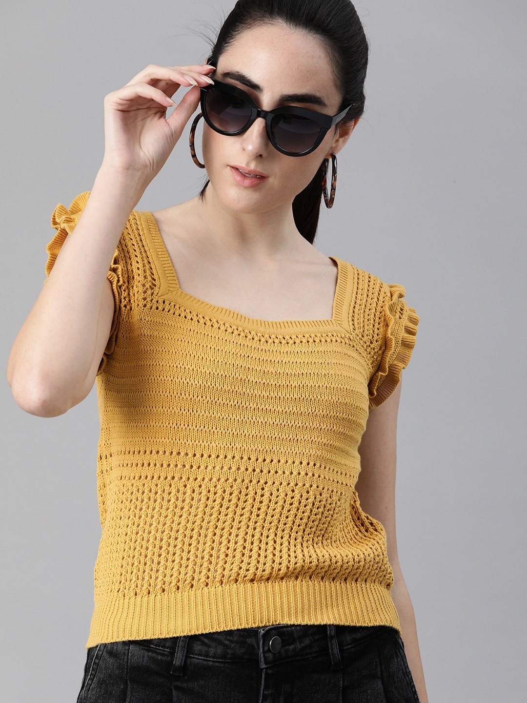 

The Roadster Lifestyle Co Yellow Crochet Knit Pure Cotton Top