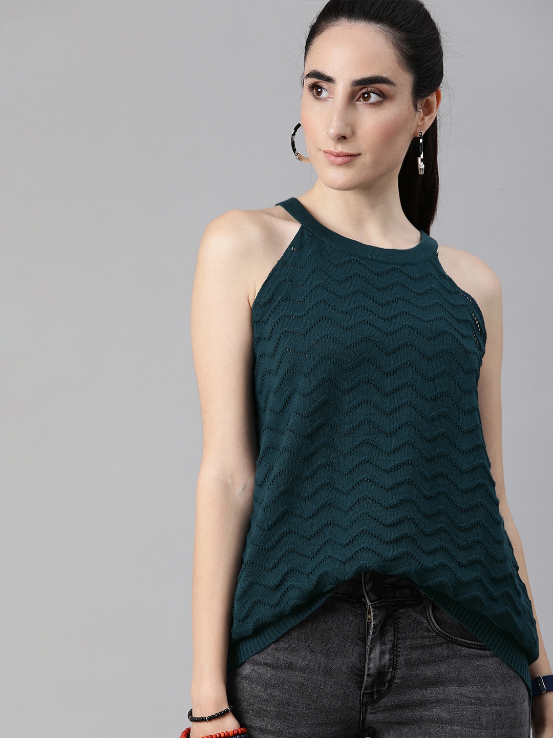 

The Roadster Lifestyle Co Teal Green Crochet Regular Top